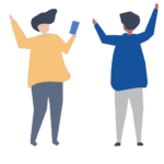 Picture of two stylised people in animated, happy, talking positions with their arms up in the air. One person is holding a phone.