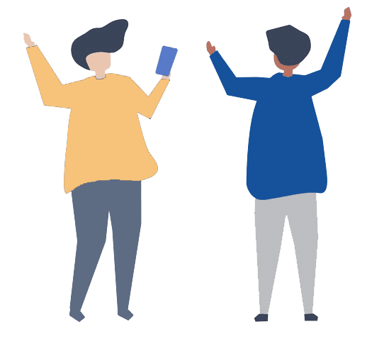 Picture of two stylised people in animated, happy, talking positions with their arms up in the air. One person is holding a phone.