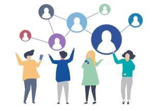 At the top of the picture is coloured circles with human shaped cut-outs. Each circle is joined to other circles, representing a network. Below this is four stylised people who look like they are talking in a happy way. Some are holding phones and some have their hands up in the air in an expressive gesture.