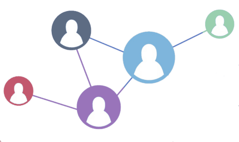 Picture of coloured circles with human shaped cut-outs. Each circle is joined to other circles, representing a network.