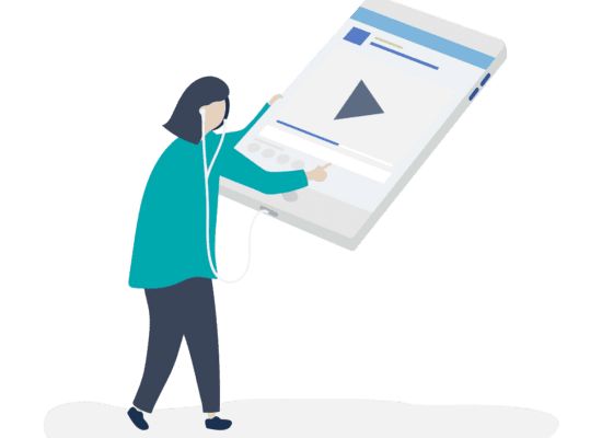 Picture of a stylised person with headphones in and holding a large tablet. The tablet has a play button on it and the person is listening to the media.