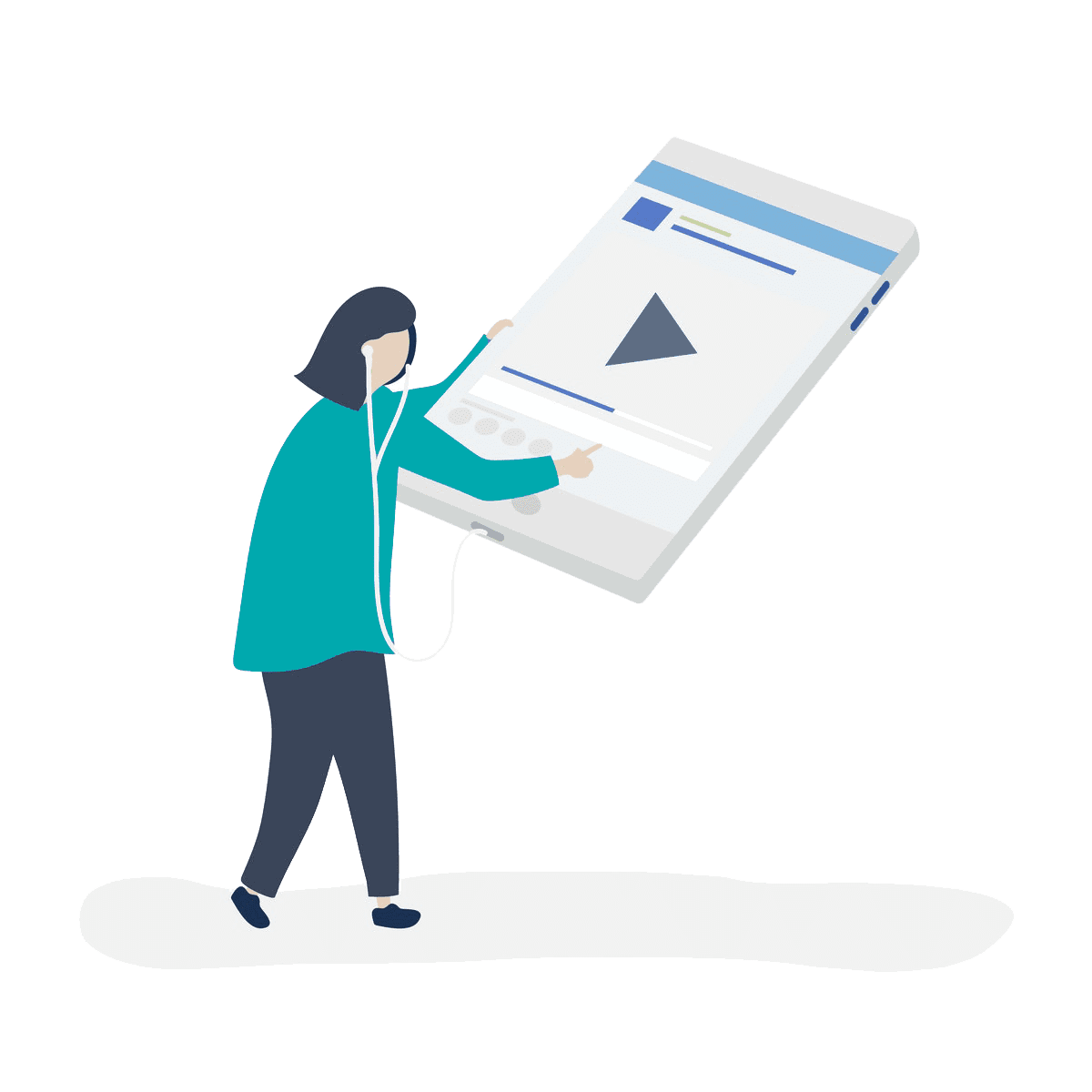 Picture of a stylised person with headphones in and holding a large tablet. The tablet has a play button on it and the person is listening to the media.